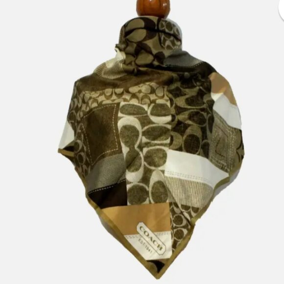 ❤️Authentic COACH 100% Silk Logo Scarf  Brown White 26.5 x 27 - Picture 1 of 8